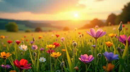 Fototapeta premium Vibrant wildflowers bathed in the warm glow of a setting sun, a picturesque meadow scene showcasing the beauty of nature's artistry.
