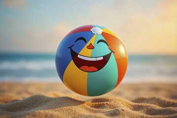 Naklejka premium Colorful Beach Ball with Smiling Face and Sunset Beach Backdrop