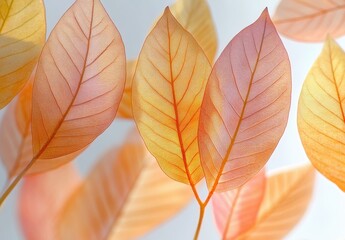 Obraz premium Delicate and Translucent Leaves in Soft Orange and Yellow Tones Against a Light Background, Capturing the Essence of Autumn, Nature, and Serenity in Detailed Close-Up