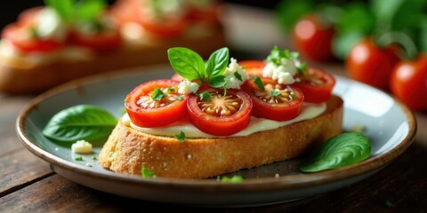 Appetizing toasted bread topped with creamy spread, fresh tomato slices, crumbled cheese, and vibrant basil leaves, presented on a rustic plate