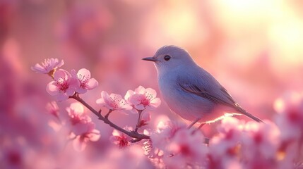 Bluebird perched on pink blossoms, sunset, spring