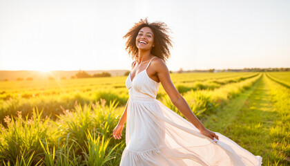 Obraz premium Joyous woman spinning in flowing dress in open meadow, carefree spirit