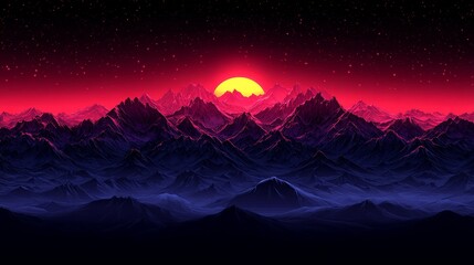 Obraz premium Crimson Sunset Over Silhouetted Mountain Range with Starry Sky