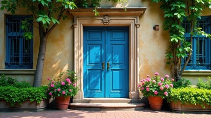 Vibrant Blue Double Doors Entrance to a Sunny Yellow House with Lush Greenery and Blooming Flowers in Planters