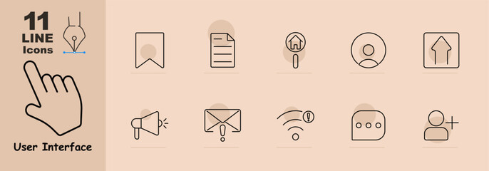 Bookmark, document, search house, user profile, upload, megaphone, email alert, weak signal, chat, add user. Icons represent user interface elements for online interaction