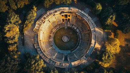 Obraz premium Witness the grandeur of the Virgiliano Amphitheater from above. This aerial perspective captures the sweeping expanse and intricate details of one of Rome's most iconic monuments. 