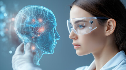 Innovative facial recognition technology showcased by a scientist in an urban lab setting emphasizing advanced AI applications