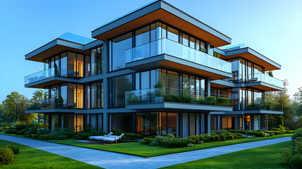 Obraz premium Modern Multi-Story Apartment Building with Glass Facade and Lush Green Landscaping
