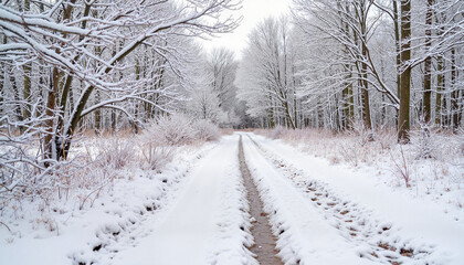 Serene snowy trail in winter forest, nature's tranquility