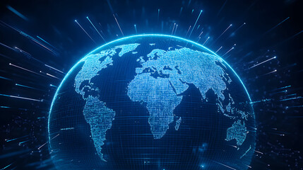 Naklejka premium Futuristic World Map Illuminated in a Digital Cosmos, Capturing the Essence of Global Connectivity and Technological Advancement.