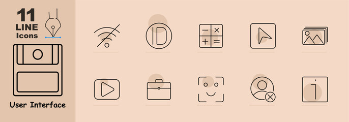 Wifi off, identification, calculator, forward, photo gallery, video, briefcase, smile, remove user, calendar. Icons highlight tools and interface features for productivity and file management