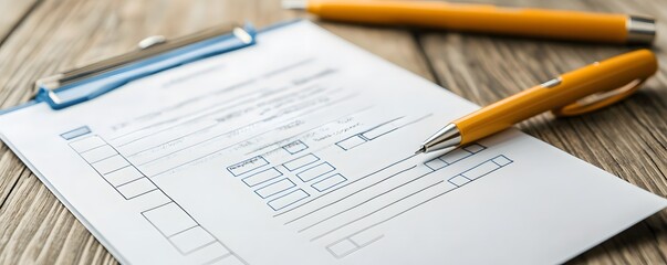 Close-up of a blank form with a yellow pen on a wooden table. This image illustrates the concept of documentation, paperwork, and administrative tasks in a professional setting.