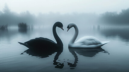 Fototapeta premium Two swans leaning towards each other in the shape of a heart