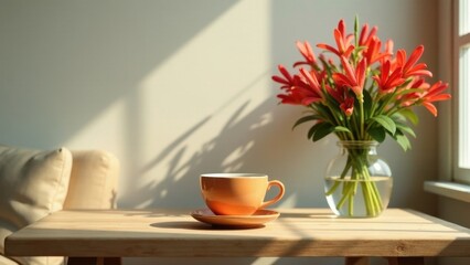 Serene morning sunlight illuminates a minimalist wooden table, showcasing a warm-toned coffee cup and a vibrant bouquet of flowers in a clear glass vase.