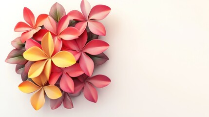 Obraz premium Red and yellow plumeria flowers on white background, floral arrangement, website header