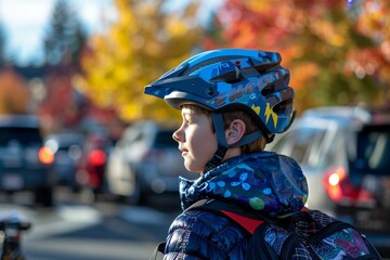 School Boy Wearing a Helmet While Holding his Bike, Ready for his Ride Home from School