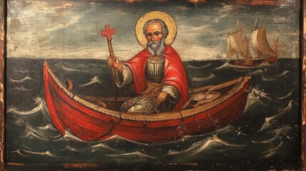 Saint Nicholas depicted aboard a boat, symbolizing his protection over sailors.