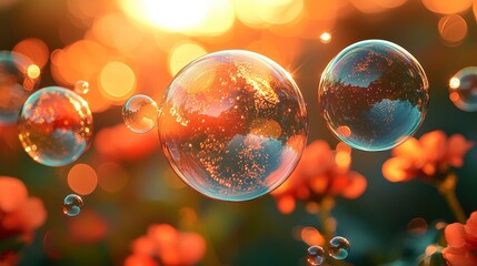Sunset reflected in soap bubbles floating over red flowers.