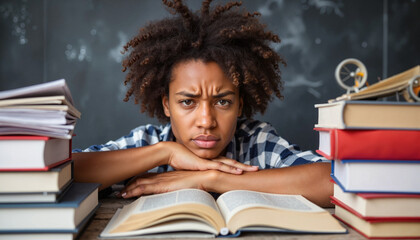 Angry teenage boy frustrated with school books at desk, academic pressure