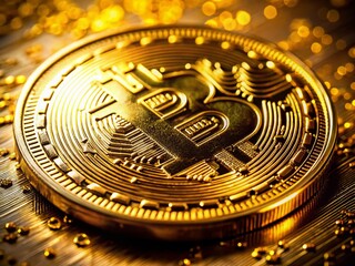 Close-up of Gold Cryptocurrency Token,  Macro Photography, Financial Asset, Digital Currency, Wealth