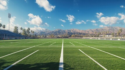 A sunny day at an American football field with mountains in the background.