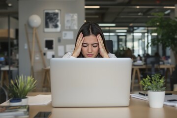 Woman, laptop and stress in office with headache, fatigue or frustrated for deadline pressure. Professional female, technology and anxiety for email overload, technical issue or project at workplace