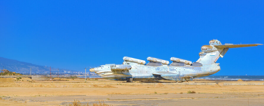 Ekranoplan Lun - Caspian monster on the shore of the Caspian Sea near the city of Derbent.Panoramic photo can be used as an illustration and background in articles about traveling in Dagestan