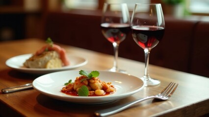 Aromatic bean and tomato dish served alongside pan-seared fish, complemented by a pair of elegant red wine glasses on a polished wooden table setting.