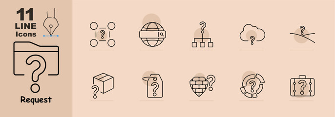 Folder with question mark, network, globe, hierarchy, cloud, box, price tag, shield, gear, suitcase. Symbols for inquiry and search-related concepts