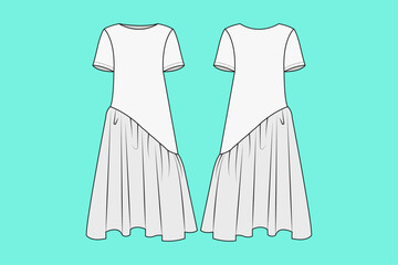  Ladies flared party dress flat sketch outline.