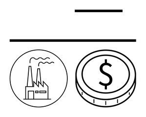 Factory emitting smoke and coin with dollar sign emphasize business profits, industry, and economics. Ideal for manufacturing, finance, sustainability, industrial growth, economy, investments