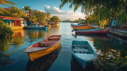 Obraz premium Colorful boats at sunset, tranquil Cuban canal