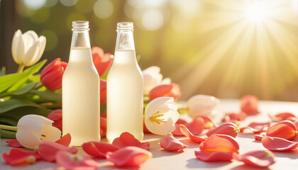 Bottles of spring drink with tulips and petals against sunny background, Spring Skin Care Theme