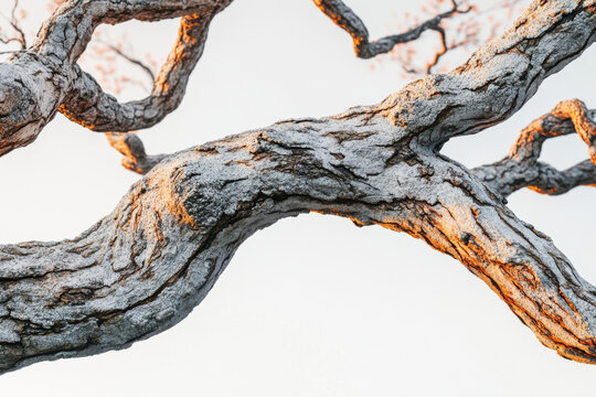 Branches intertwine against a clear sky during early morning light