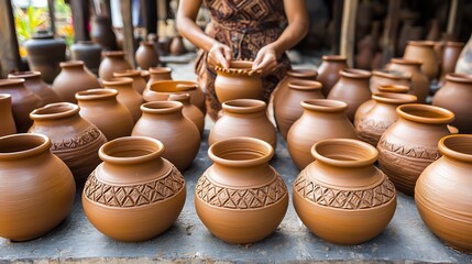 Hands carefully molding clay into pottery with finished pots in the foreground showcasing craftsmanship and skill