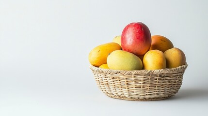 Fresh Fruit Display in Woven Basket with Colorful Mangoes and Apple