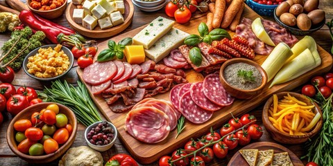 Colorful Italian table spread with various cured meats