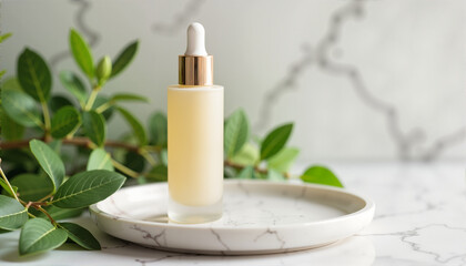 Serum bottle on marble plate with green foliage, Spring Skin Care Theme