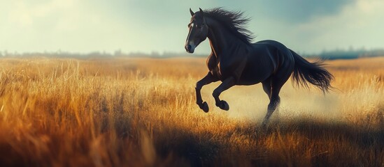 Obraz premium Black Stallion Running Through Golden Field