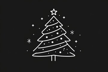 Minimalist outlined Christmas tree with snowflakes creating a festive atmosphere in a dark background