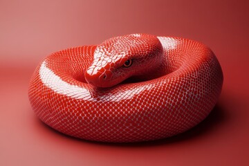 Fototapeta premium Bright red snake coiled on a smooth surface with striking scales and piercing eyes in a dramatic setting