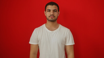 Handsome young hispanic man in a white shirt standing against an isolated red background looking confident and attractive