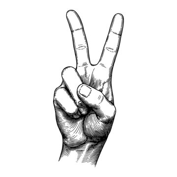 recommend clip art: Hand Peace Sign Two Finger Gesture in Detailed Black and White Outline Line Art Drawing