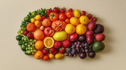 Colorful assortment of fresh fruits and vegetables arranged in brain shape.