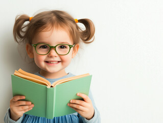 young caucasian toddler in glasses smiling while reading green book against white background
