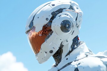Futuristic robot with shiny helmet design standing against clear blue sky at a technology exhibition