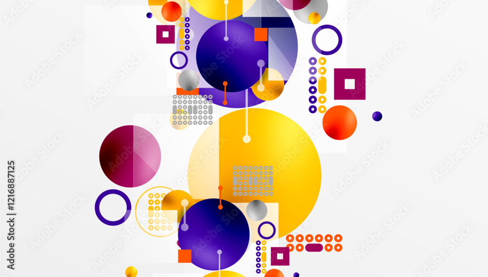 Poster minimalistic abstract vector design, layered geometric shapes circles, squares, and triangles with s