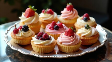 A Delectable Assortment of Mini Cakes Adorned with Fresh Berries and Creamy Frosting, Beautifully Arranged on an Elegant Silver Platter