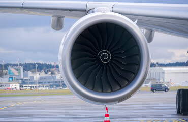 Close-up front view of jet engine at Swiss Airport Zürich Kloten on a winter day. Photo taken...