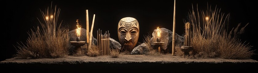 Ritualistic mask scene with candles, grasses, dark background. Mystical ceremony